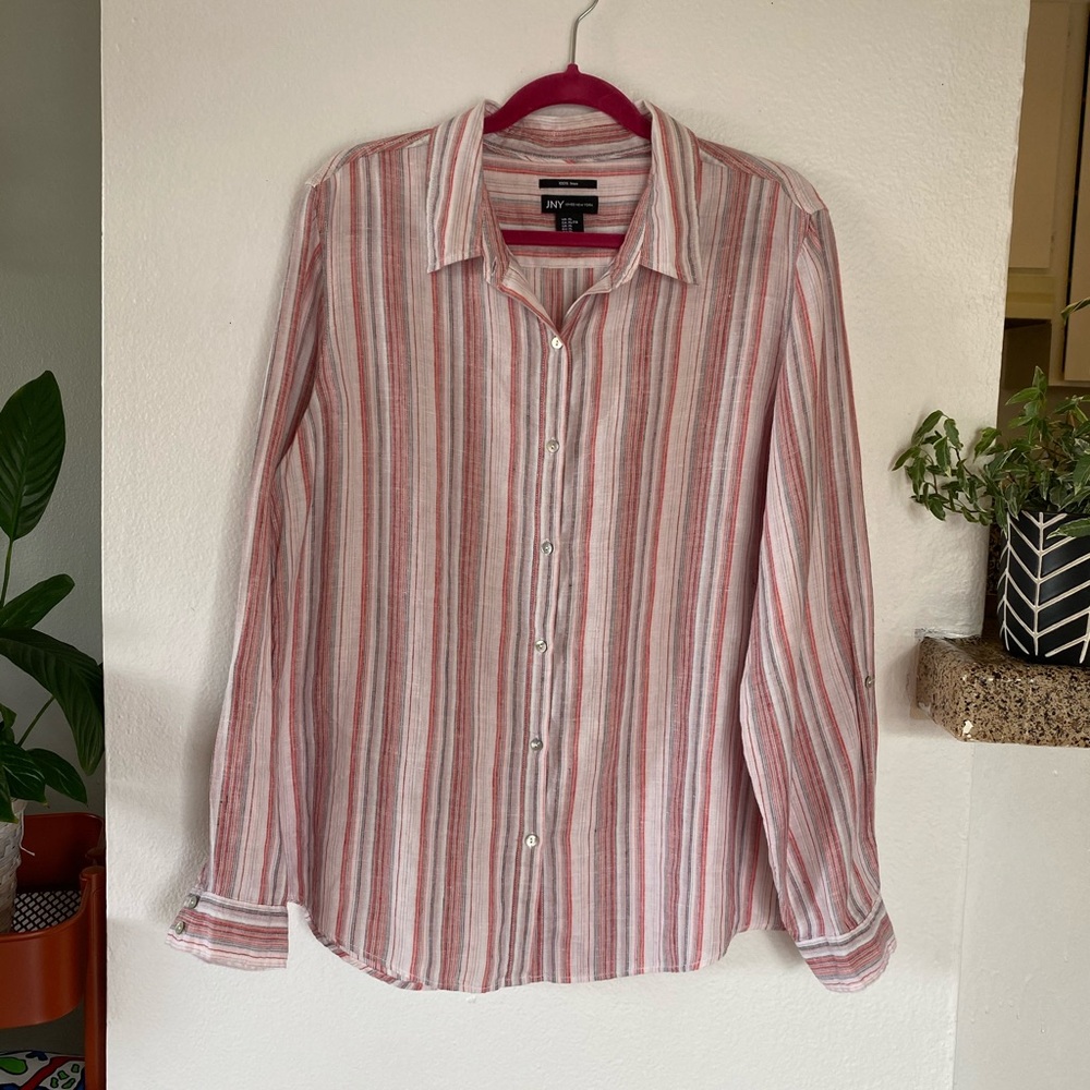 Women’s JNY Striped 100% Linen Button Down Long Sleeves Shirt Size XL